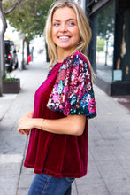 Load image into Gallery viewer, Diva Dreams Wine Floral Sequin Puff Sleeve Velvet Top