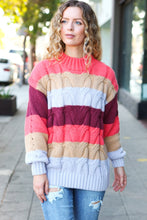 Load image into Gallery viewer, Fall For You Rust Multicolor Stripe Cable Knit Mock Neck Sweater