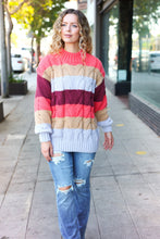 Load image into Gallery viewer, Fall For You Rust Multicolor Stripe Cable Knit Mock Neck Sweater