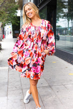 Load image into Gallery viewer, Diva Dreams Coral & Charcoal Floral Tie Neck Pintuck Satin Dress