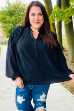 Load image into Gallery viewer, Boho Vibes Black Notched Neck Smocked Bubble Sleeve Top