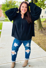 Load image into Gallery viewer, Boho Vibes Black Notched Neck Smocked Bubble Sleeve Top