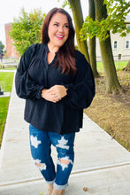 Load image into Gallery viewer, Boho Vibes Black Notched Neck Smocked Bubble Sleeve Top