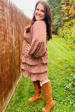 Load image into Gallery viewer, Feminine Flair Terracotta Leopard Print Ruffle Tiered Dress