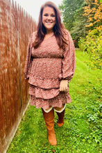 Load image into Gallery viewer, Feminine Flair Terracotta Leopard Print Ruffle Tiered Dress