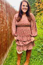 Load image into Gallery viewer, Feminine Flair Terracotta Leopard Print Ruffle Tiered Dress