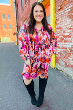 Load image into Gallery viewer, Diva Dreams Coral & Charcoal Floral Tie Neck Pintuck Satin Dress