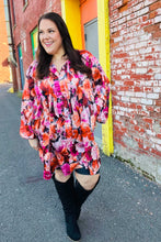 Load image into Gallery viewer, Diva Dreams Coral & Charcoal Floral Tie Neck Pintuck Satin Dress