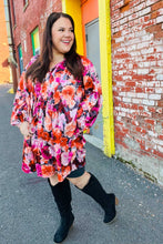 Load image into Gallery viewer, Diva Dreams Coral & Charcoal Floral Tie Neck Pintuck Satin Dress