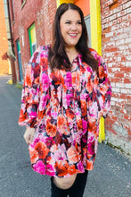 Load image into Gallery viewer, Diva Dreams Coral & Charcoal Floral Tie Neck Pintuck Satin Dress