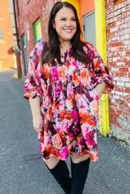 Load image into Gallery viewer, Diva Dreams Coral & Charcoal Floral Tie Neck Pintuck Satin Dress