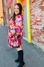 Load image into Gallery viewer, Diva Dreams Coral & Charcoal Floral Tie Neck Pintuck Satin Dress