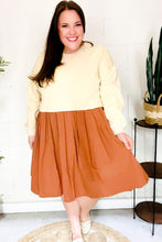 Load image into Gallery viewer, Bedazzled Cream & Rust Pleated Skirt French Terry Cotton Dress