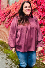 Load image into Gallery viewer, Be Your Best Wine Satin Shirred Yoke Frilled Mock Neck Top