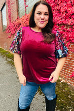 Load image into Gallery viewer, Diva Dreams Wine Floral Sequin Puff Sleeve Velvet Top