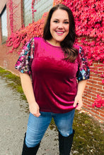 Load image into Gallery viewer, Diva Dreams Wine Floral Sequin Puff Sleeve Velvet Top