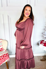 Load image into Gallery viewer, Holiday Vibes Wine Satin Front Overlap Smocked Back Maxi Dress
