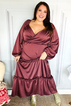 Load image into Gallery viewer, Holiday Vibes Wine Satin Front Overlap Smocked Back Maxi Dress