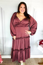 Load image into Gallery viewer, Holiday Vibes Wine Satin Front Overlap Smocked Back Maxi Dress