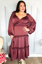 Load image into Gallery viewer, Holiday Vibes Wine Satin Front Overlap Smocked Back Maxi Dress