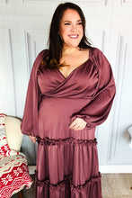 Load image into Gallery viewer, Holiday Vibes Wine Satin Front Overlap Smocked Back Maxi Dress