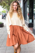 Load image into Gallery viewer, Bedazzled Cream & Rust Pleated Skirt French Terry Cotton Dress