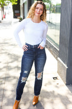 Load image into Gallery viewer, Judy Blue Dark Wash Mid Rise Distressed Straight Leg Jeans
