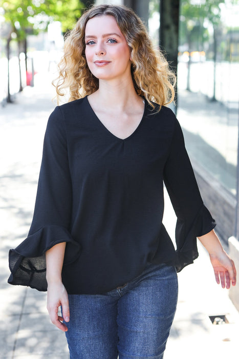 Falling In Love Black Hi-Lo Ruffle Sleeve Woven Top