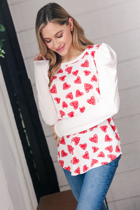 Heart Print French Terry Puff Sleeve Top