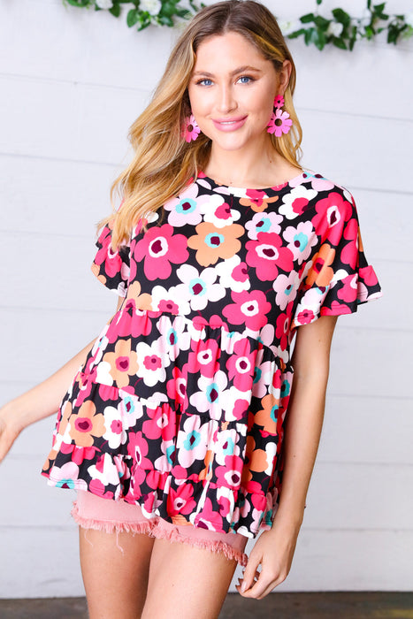 Black & Coral Flat Floral Ruffle Hem Tiered Top