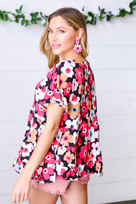 Black & Coral Flat Floral Ruffle Hem Tiered Top