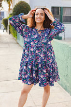 Load image into Gallery viewer, Feeling Joyful Navy Floral Bow Tie Babydoll Long Ruffle Sleeve Dress
