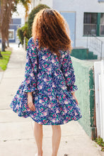 Load image into Gallery viewer, Feeling Joyful Navy Floral Bow Tie Babydoll Long Ruffle Sleeve Dress
