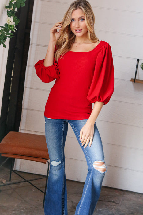 Red Crinkle Bubble Puff Sleeve Blouse