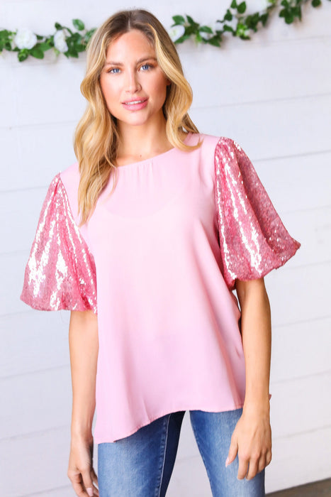 Pink Sequin Puff Sleeve Woven Top