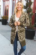 Load image into Gallery viewer, Boldly You Olive Fury Knit Animal Print Ribbed Open Cardigan
