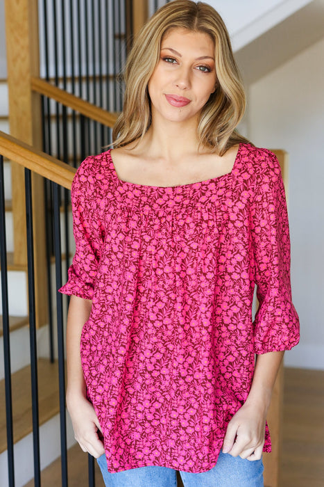 Perfectly You Fuchsia Floral Three Quarter Sleeve Square Neck Top