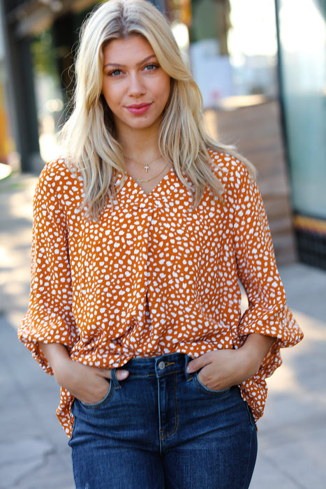 Rust Abstract Dot V Neck Woven Top