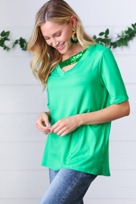 Saint Patty Green Asymmetrical Sequin Banded V Neck Top