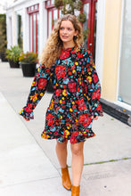 Load image into Gallery viewer, Lock Eyes Black Floral Sequin Print Ruffle Sleeve Frill Mock Neck Dress
