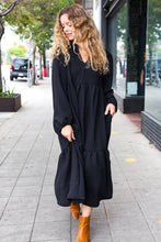 Load image into Gallery viewer, Lock Eyes Black Notched Neck Frill Hem Tiered Maxi Dress
