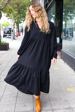 Load image into Gallery viewer, Lock Eyes Black Notched Neck Frill Hem Tiered Maxi Dress
