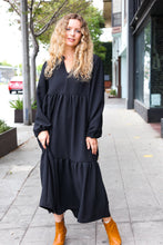 Load image into Gallery viewer, Lock Eyes Black Notched Neck Frill Hem Tiered Maxi Dress
