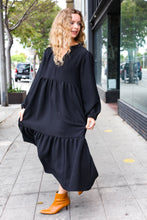 Load image into Gallery viewer, Lock Eyes Black Notched Neck Frill Hem Tiered Maxi Dress
