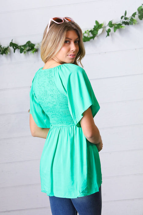 Solid Mint Smocked Woven Flutter Sleeve Top