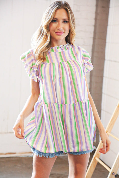 Multi Stripe Double Ruffle Sleeve Frill Tiered Top