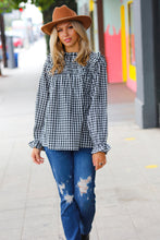 Load image into Gallery viewer, Black Gingham Shirred Yoke Mock Neck Frilled Top
