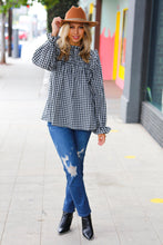 Load image into Gallery viewer, Black Gingham Shirred Yoke Mock Neck Frilled Top
