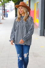 Load image into Gallery viewer, Black Gingham Shirred Yoke Mock Neck Frilled Top
