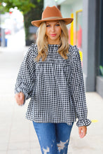 Load image into Gallery viewer, Black Gingham Shirred Yoke Mock Neck Frilled Top
